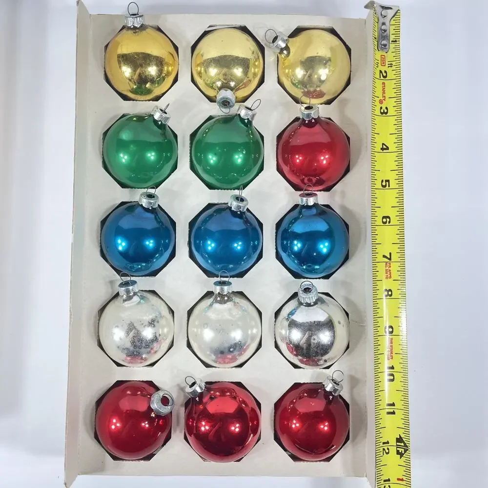 Vintage Pyramid Jumbo Glass Christmas Ornaments 15 ct USA 1970s Original w/Hooks
